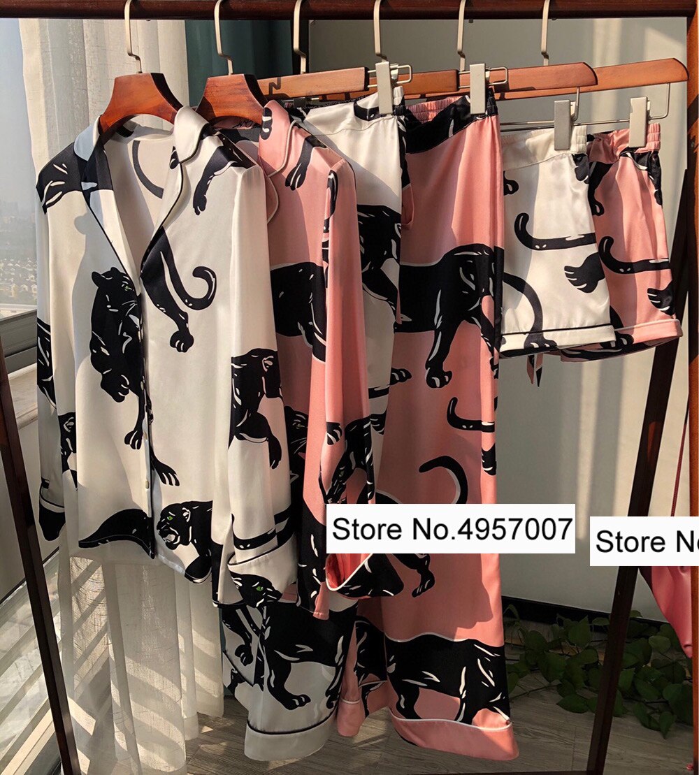 2021 초 봄 신상품 실크 새틴 애니멀 프린트 잠옷 쉘 버튼 블라우스 셔츠/바지/반바지-여성 실크 3 종 세트